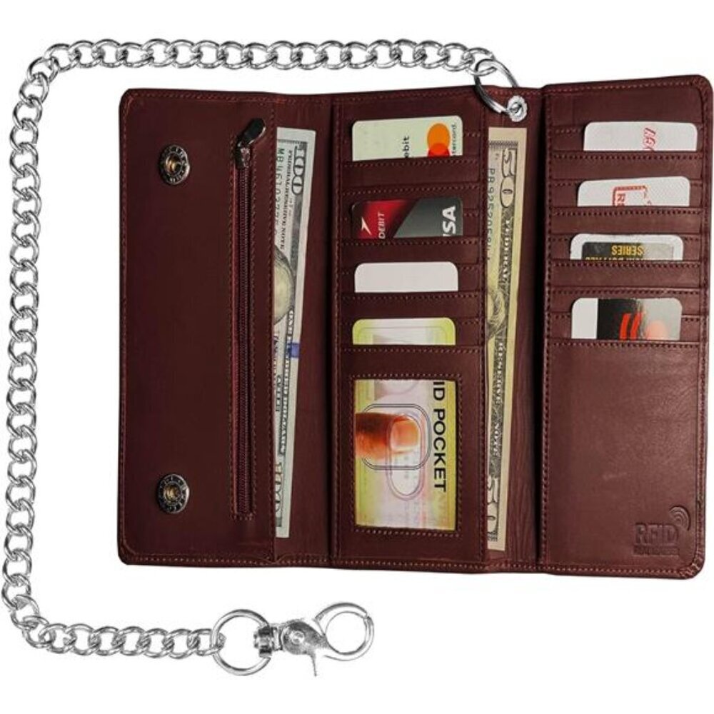 Cowhide Biker Chain Wallet for Men  RFID Blocking Tri-Fold - Picture 7 of 8